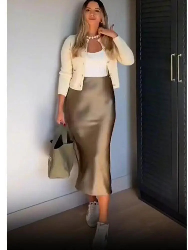 AOSSVIAO Women Fashion Satin Solid Midi Skirt Vintage Mid Elastic Waist Female Chic Lady Skirts 250730