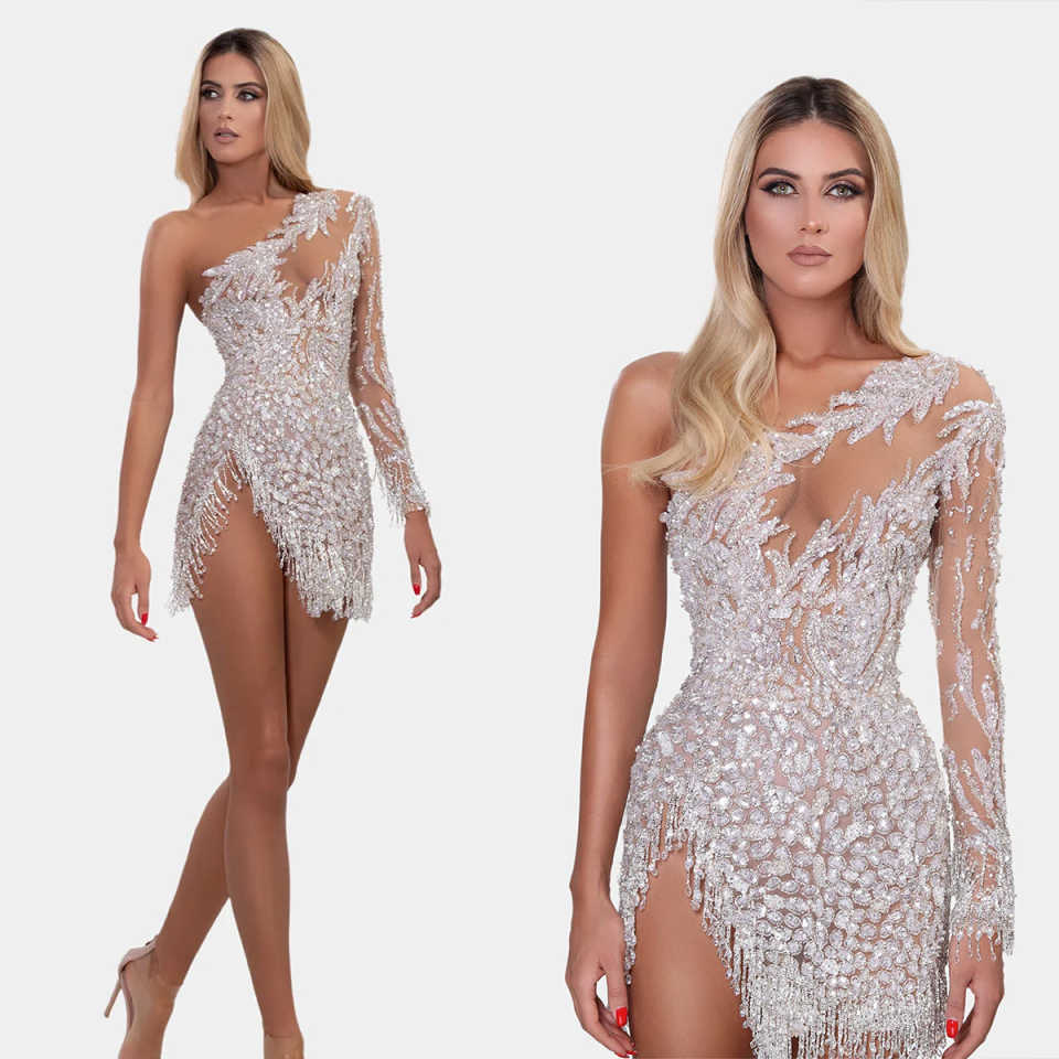 Sexy Short Evening Dresses For Women One Shoulder Long Sleeves Gown Sequins Tassel Mini Dress Party Customized Dress