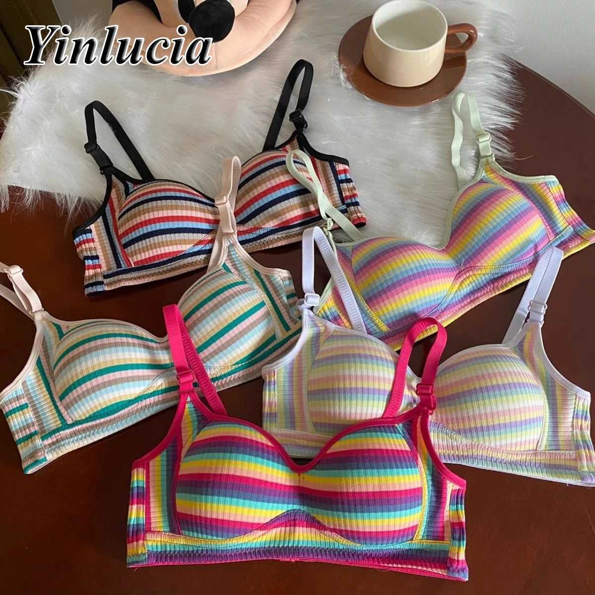 Vintage Lingerie Rainbow Stripes Bra Gathered Crop Top Underwear Push Up Bras New Summer Daily Soft Elastic Underwear Women Z250730