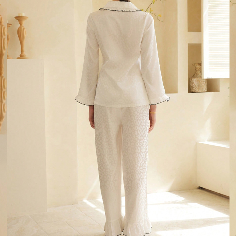 2025 New Women's Spring and Autumn Silk Color Brocade Leopard Print Jacquard Tie-up Long Sleeve Long Pants Pajama Set Homewear