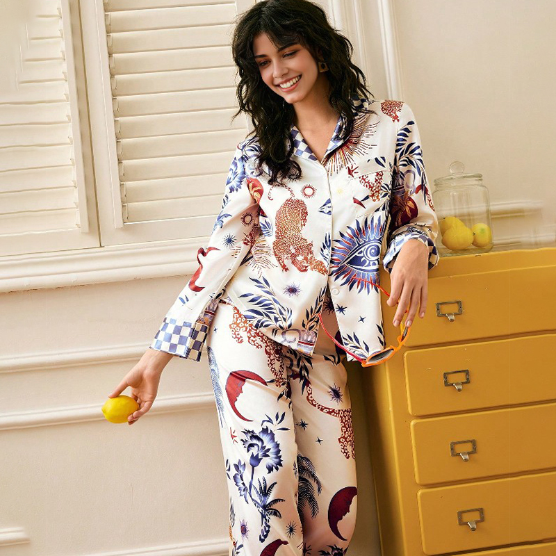 2025 New Women's Spring and Autumn Silk Color-Printed Long-Sleeved Long Pants Pajama Set Homewear