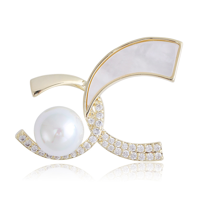Gold Tone Classic Shaped Brooch With Pearl, Mother - Of - Pearl And Rhinestone Accents Elegant Party Jewelry And Gift For Her High Quality And Stylish