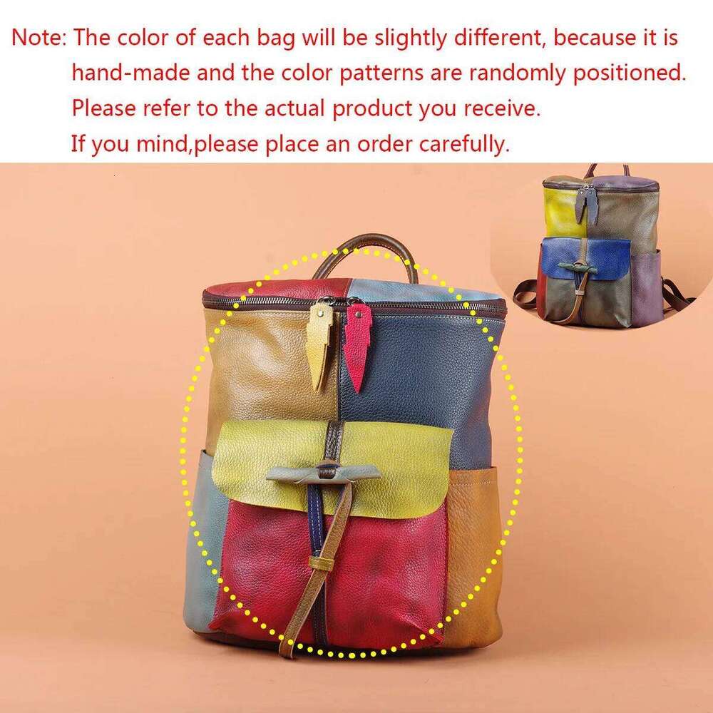 OLOEY Vintage Women's Leather Backpack Large Capacity Travel Bag, Handmade Cowhide Bucket Bag with Colorful Splicing Patchwork Design