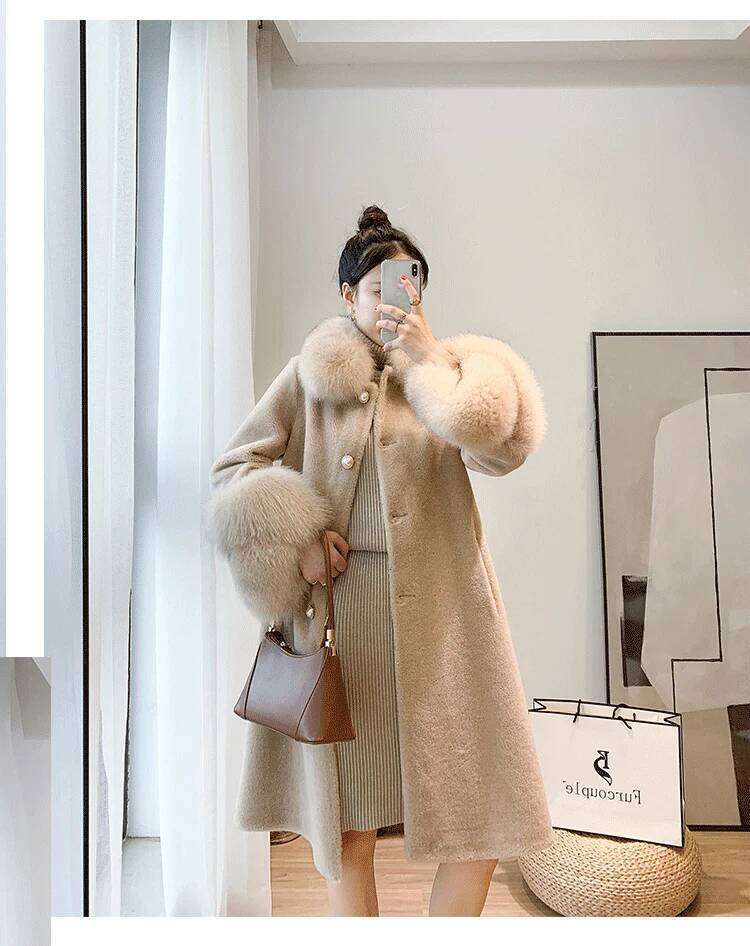 Designer Clothing FURYOUME Long Real Coat For Women Casual Jacket Sheep Shearing Wool Blends Fox Fur Collar Thick Warm Outerwear Winter New Fashion