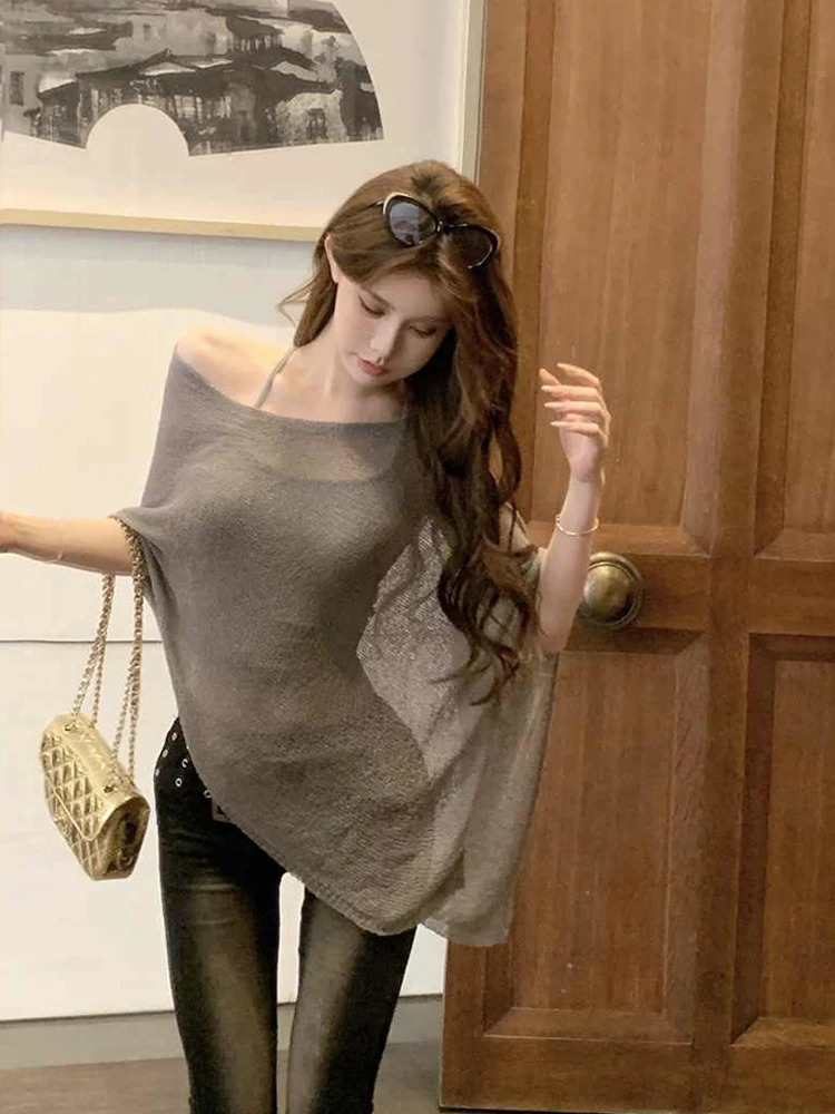 Irregular Cape Shawl Sun Protection Sunscreen Air Conditioning Clothes Women Loose Thin Ice Silk Knitted Top 250731
