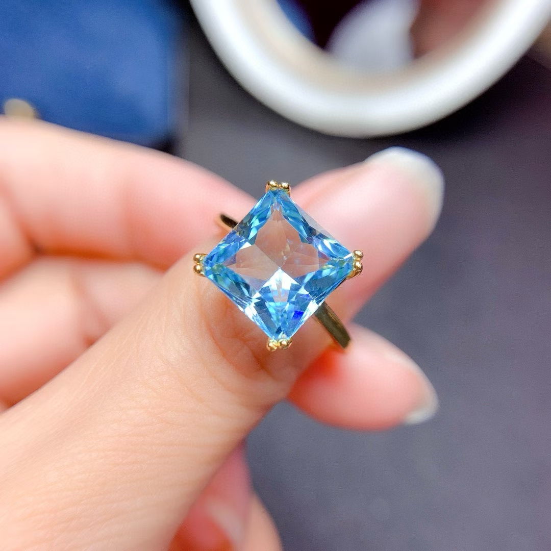 Pure Light Blue Natural Topaz Ring 8mm*10mm 3ct London Blue Topaz 925 Silver Ring 18K Gold Plated Genuine Topaz Jewelry for Daily Wear