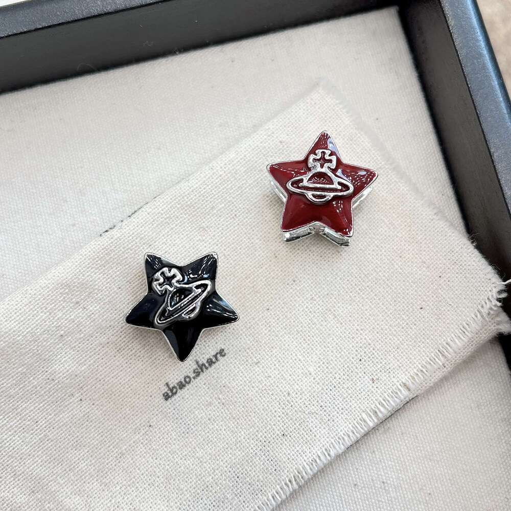 Super New French Enamel Black and Red Five-Pointed Star Double-Sided Saturn Earrings Elegant Fashion High-End Sense Ear Clips for Women a6f