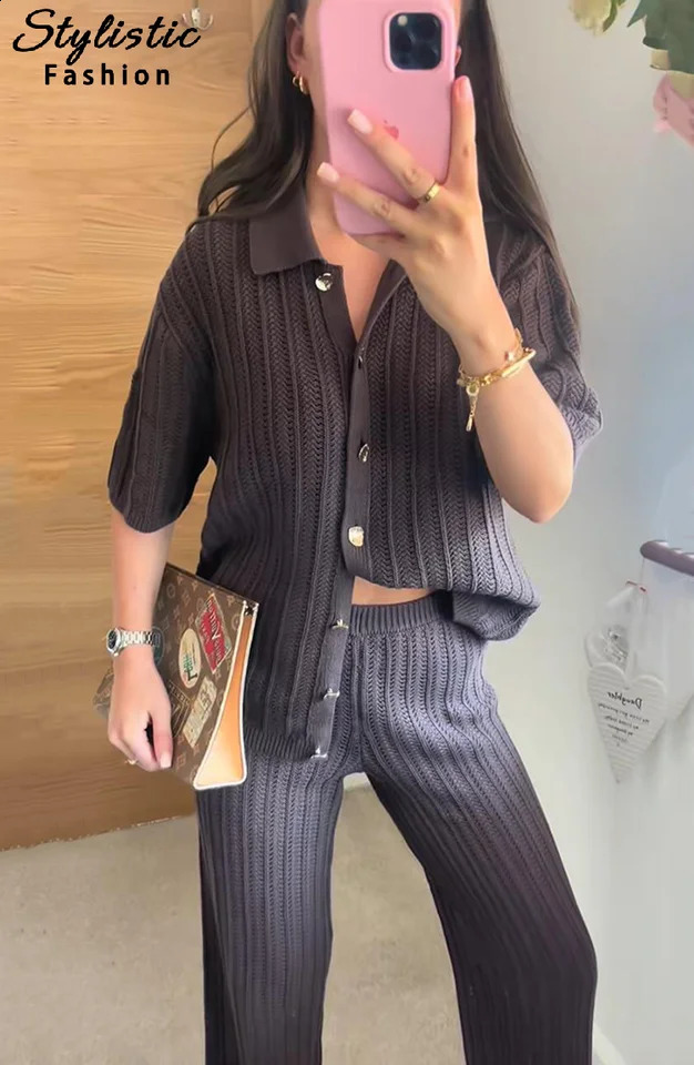 Casual Knit Pants Set Women Hollow Out Lapel Half Sleeve Shirts Elastic Waist Loose Trousers 2025 Summer Beach 2 Piece Sets Lady 250724