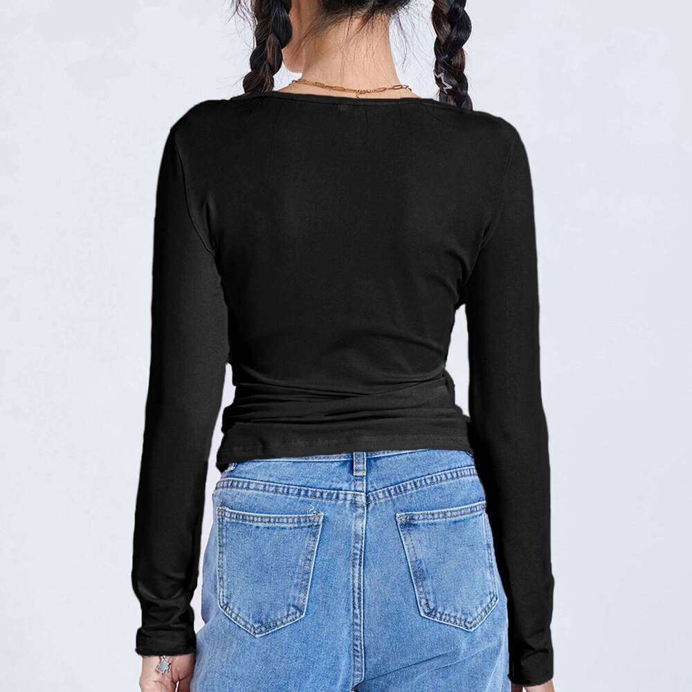 Women Long Sleeve Slim T-shirts Spring Summer Cropped Solid Color Casual Pullover Tops Female Show Navel Party Blouse