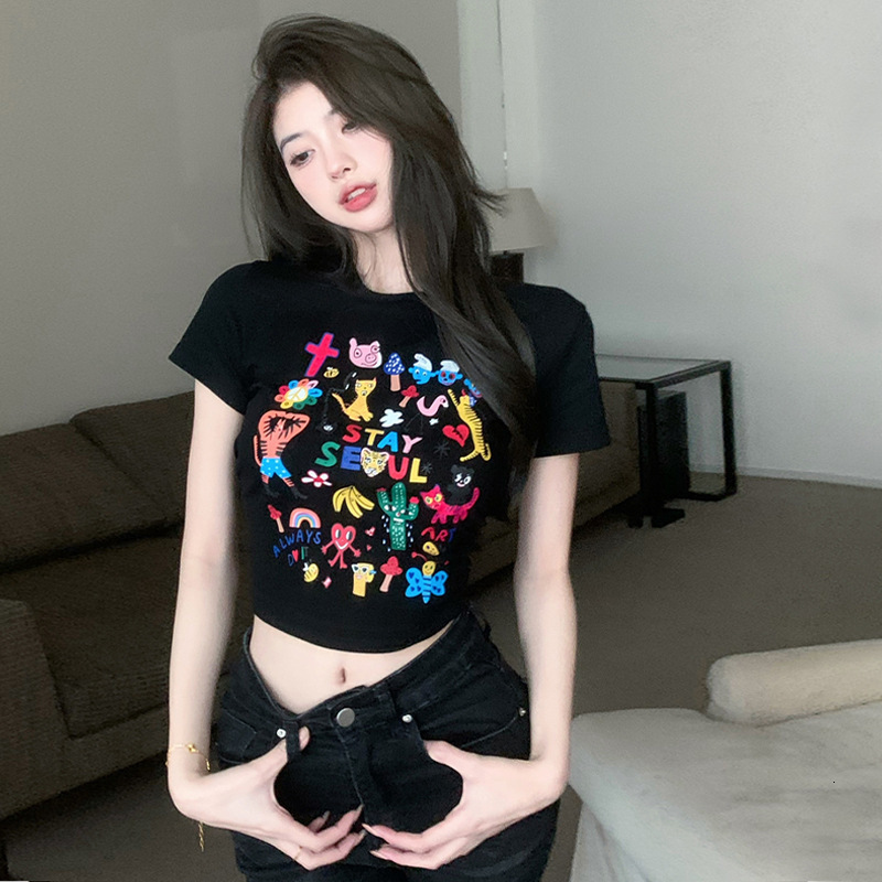 2025 pure desire spicy girl cartoon printed short sleeved women's T-shirt summer new slim fit basic shirt short top new designer T-shirt