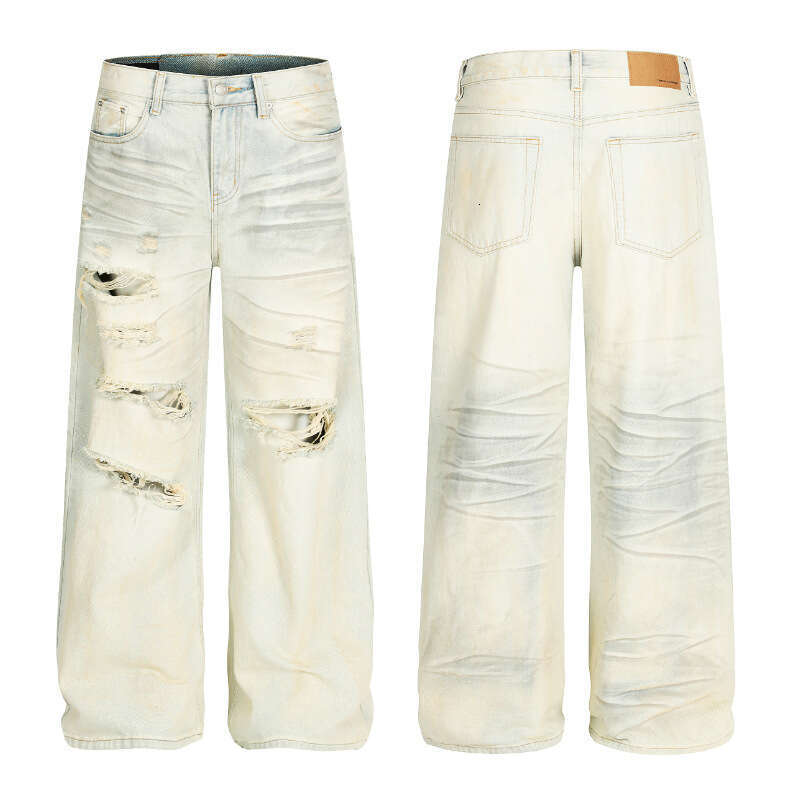 American Style Vintage Washed Light Yellow Jeans With Distressed Design Vibe Unisex Trendy Brand Cool Straight Loose Fit Long Pants B5
