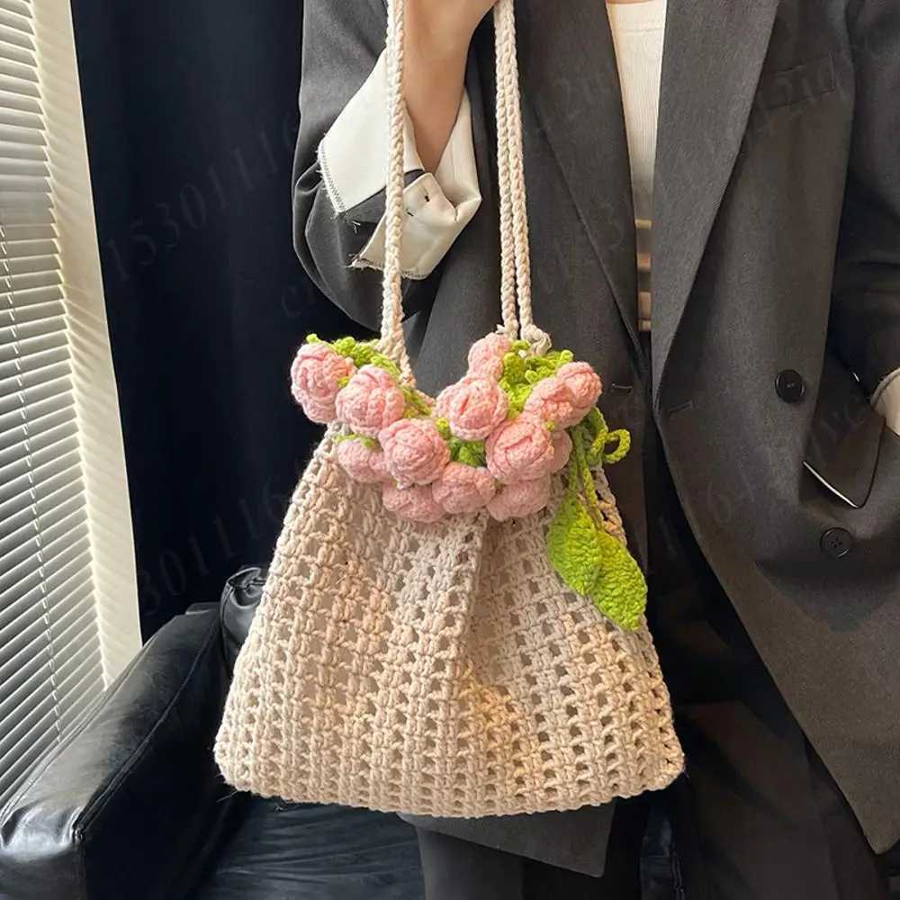 Rose Crochet Handbag 2025 Spring Cute Knitted Shoulder Bag Romantic Designer Floral Hollowed Out Ladies Shoulder Bag Armpit Bags Y250730