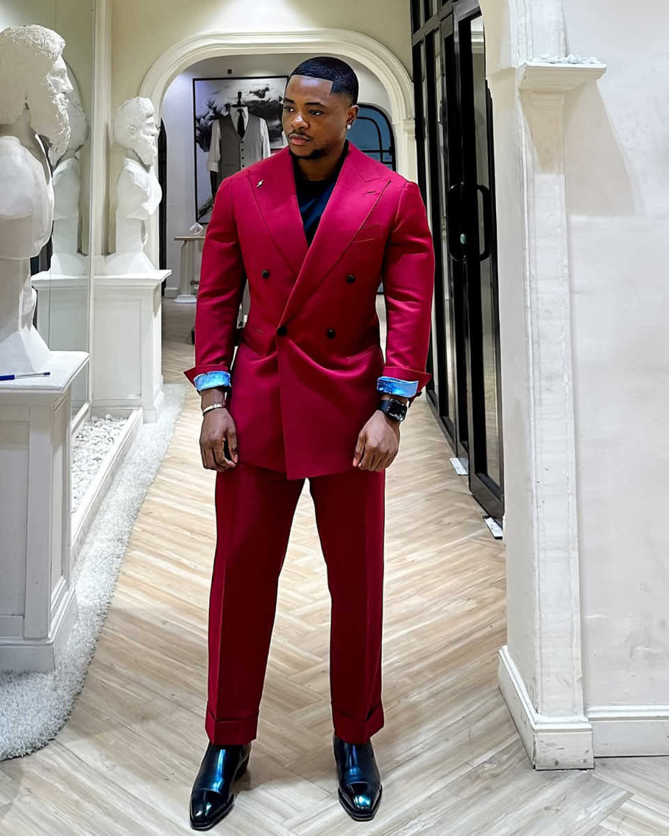 Formal Red Mens Tuxedos Peaked Lapel Double Breasted 2 Pieces Groom Dinner Party Male Prom Blazers Customized Coustome Homme