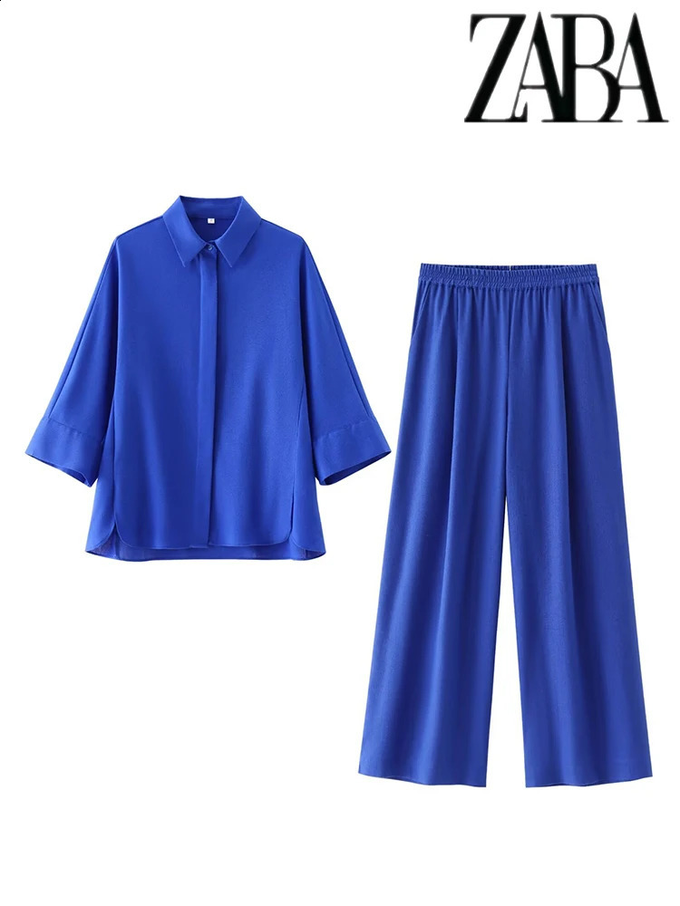 TRAF Womens Linen Blend Solid Color Loose Suit Flip Lapel Single Breasted Long Sleeve Shirt High Waisted Wide Leg Pants Set 250724