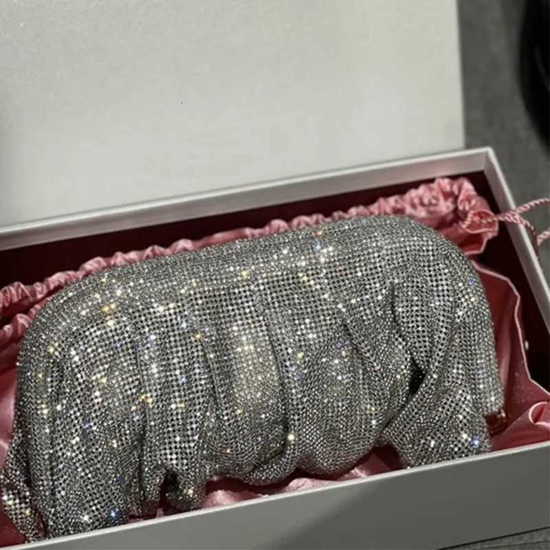 Shiny Silver Rhinestone Clutch Bags Women 2023 Designer Trending Boutique Folds Crystal Purses and Handbags Wedding Party Y250730