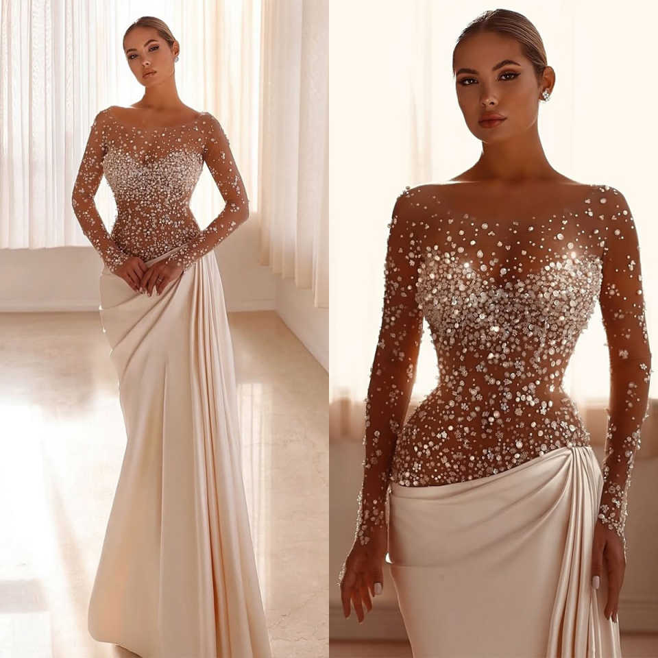 Sexy Mermaid Wedding Dress Sheer Neck Long Sleeves Bridal Gowns Sequins Beaded Sweep Train Dresses Custom Made vestidos de novia