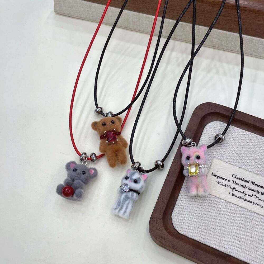 Cute Flocked Bear Sweater Chain New Niche Design Sense Autumn Winter Long Versatile Fun Cartoon Soft Adorable Necklace 068