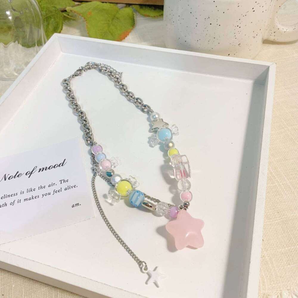 Dopamine Colorful Beaded Star Tassel Necklace Summer Sweet Heart Collarbone Chain Light Versatile Elegant Choker 996