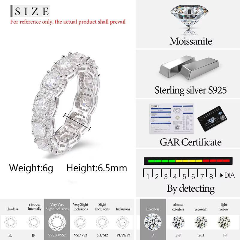 New Style Engagement Gift 925 Silver Rust Proof 6.5mm Vvs1 D Color Moissanite Hip Hop Bling Jewelry Rings With Gra Certified