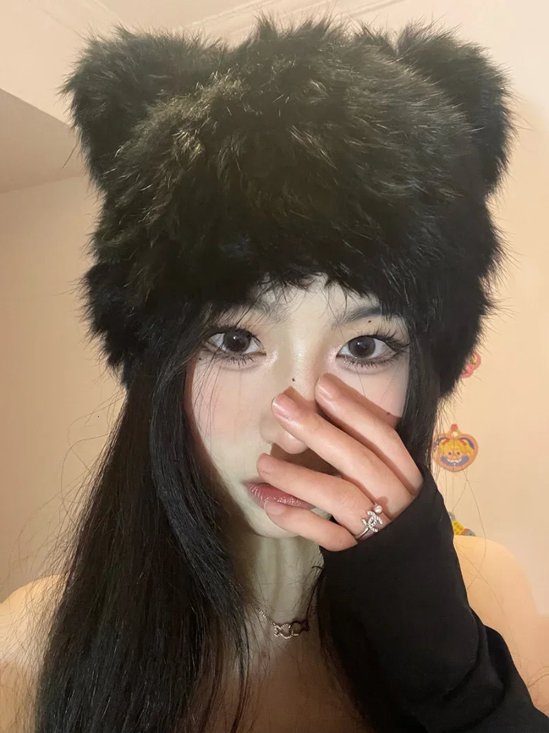 Black bear ears rabbit fur hat cute plush wrap head cap cold warm fur cap Y2k Girls Korean Hats Knitted Hat 250730