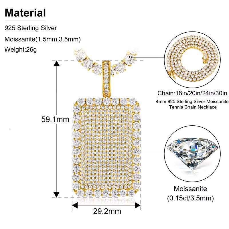 925 Sterling Silver Fine Jewelry Iced Out Square Charm Pendant 14K Gold Plated VVS Moissanite Diamond Hip Hop Pendant Necklace