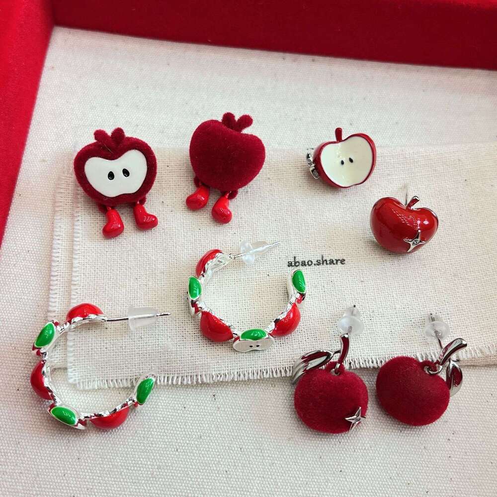 Flocked Ancora Red Apple Autumn Winter Cute Sweet Fun Design Elegant Versatile New Year Earrings 171