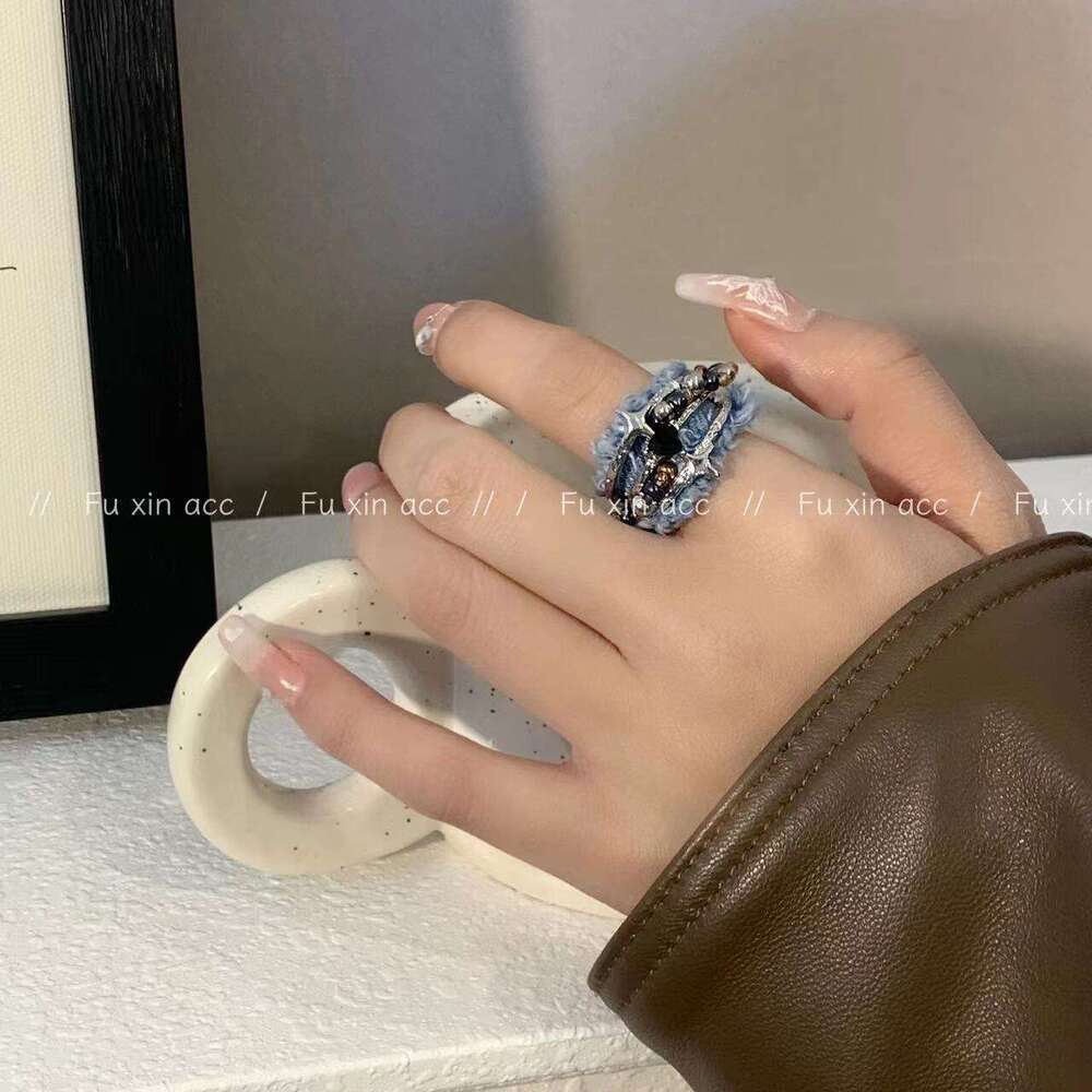 Denim Cross Three-Layer Bead Open High Street Fashion Niche Design High-End Index Finger Ring f18