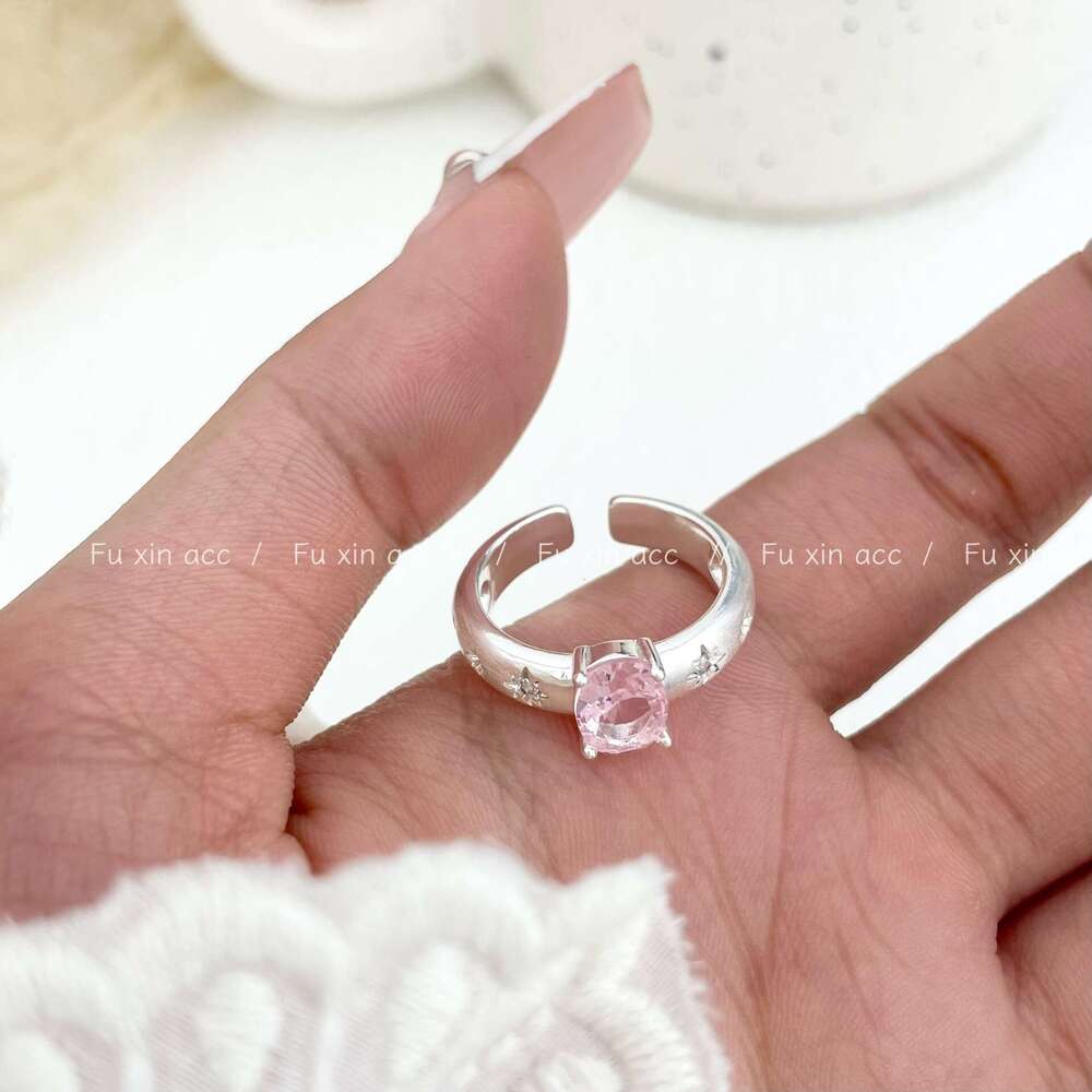 Meteor Silver White Brushed Pink Zircon Korean Style Exquisite Gentle Open Ring Niche Fashion High-end Design Jewelry c43