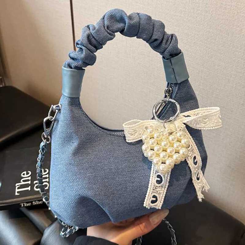Denim Handheld Folded Cloud Bag For Women Fashion Pearl Ribbon Decor Versatile Chain Crossbody Bag 2025 New Fashion Shoulder Bag Y250730