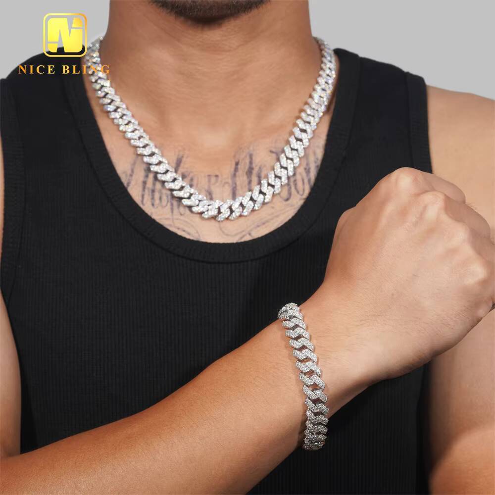 12mm Fashion Hip Hop Rapper VVS Moissanite Diamond Jewelry 925 Sterling Silver Iced Out Cuban Link Chain Necklace Bracelet