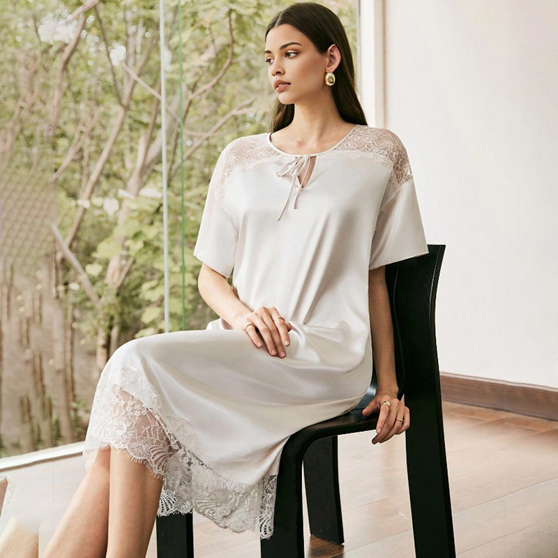2025 New Women's Spring/Summer Silk Satin Lace Patchwork Short-Sleeved Long Dress Nightgown Homewear