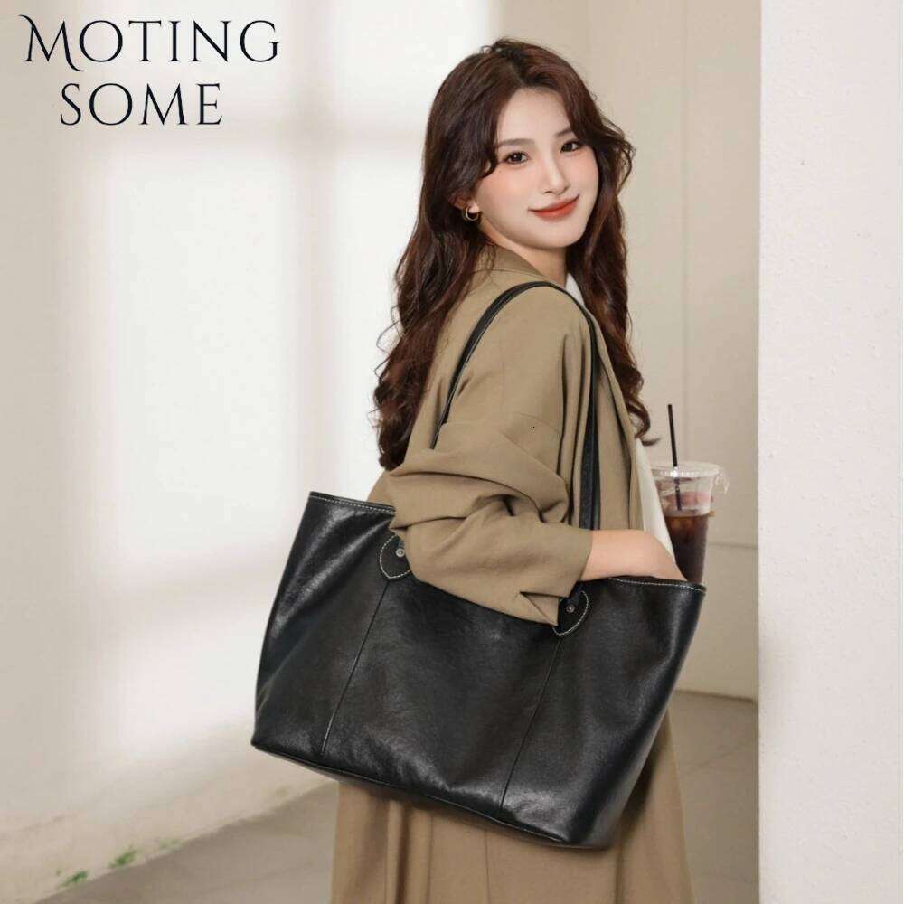Motingsome Vegetable Tanned Leather Cowhide Women's Minimalism Large Capacity Tote Bag Niche Design Shoulder Handbag