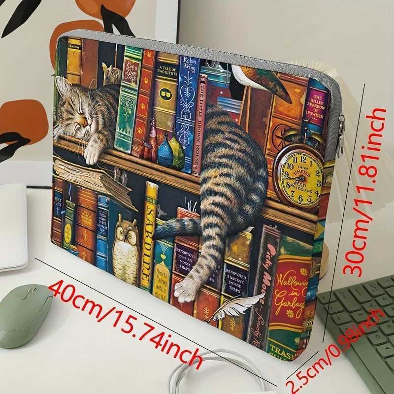 1 cat and bookshelf pattern laptop bag briefcase suitable for 15 inch laptops fixed laptop bag (without handheld) G250729
