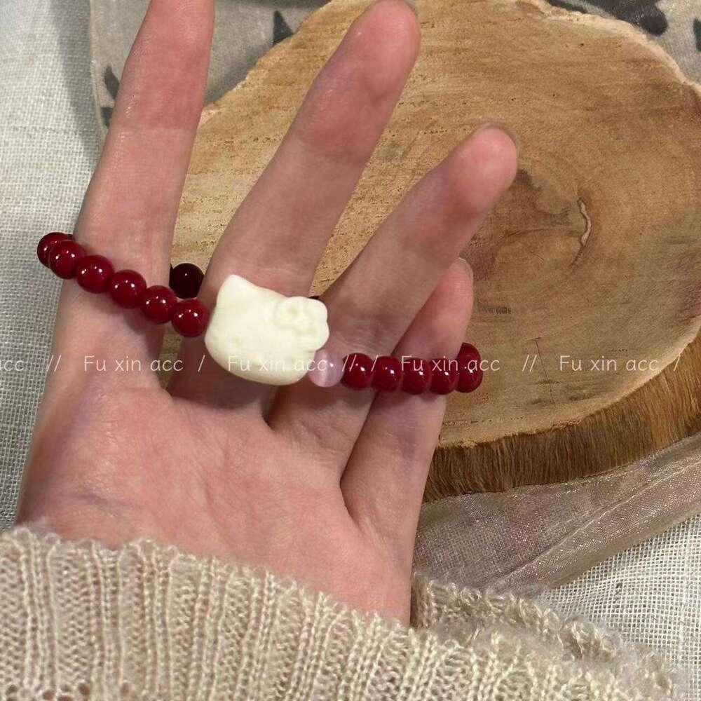 Chinese National Style Cinnabar with Red Bodhi Beads Cute Kitty Cat Stacking Bracelet 070