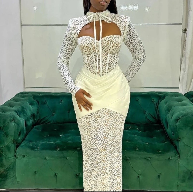 New Half-high Collar Lace-up Stitching Low-cut Sexy Hip-hugging Long-sleeved Dress Evening Dress