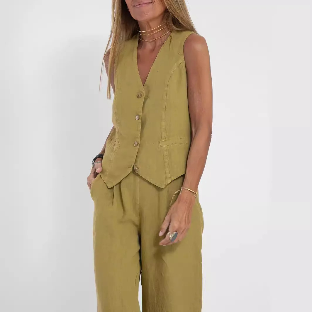 Summer And Autumn European American Solid Color Fashion Vest Trousers Patchwork Cotton Linen Casual Womens Suit 250731