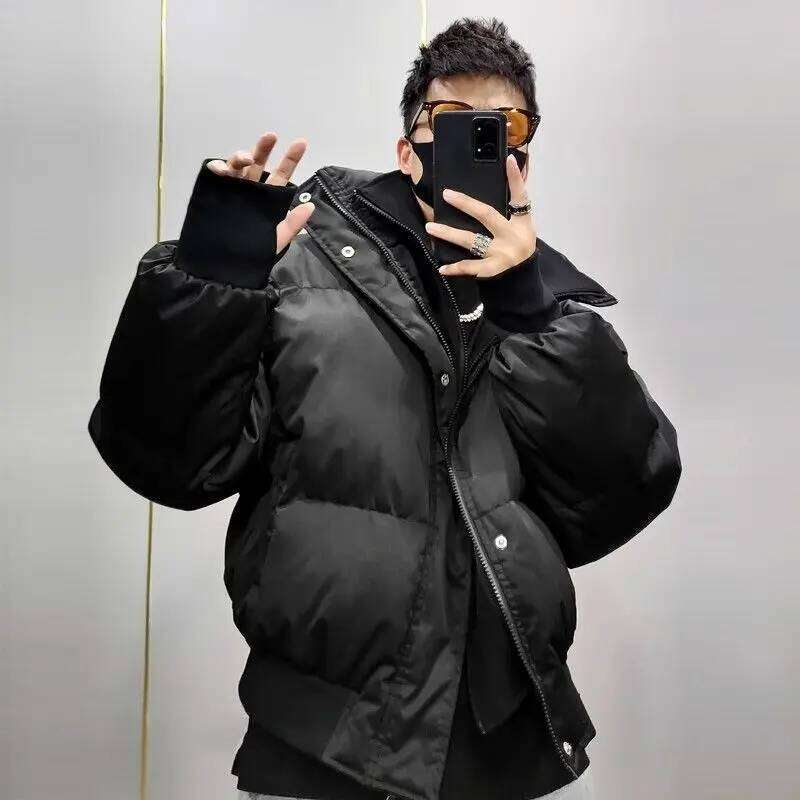Men's Standing Collar Padded New High-end Short Two-piece Jacket Loose and Winter Design Warm Thick Bread Parkas