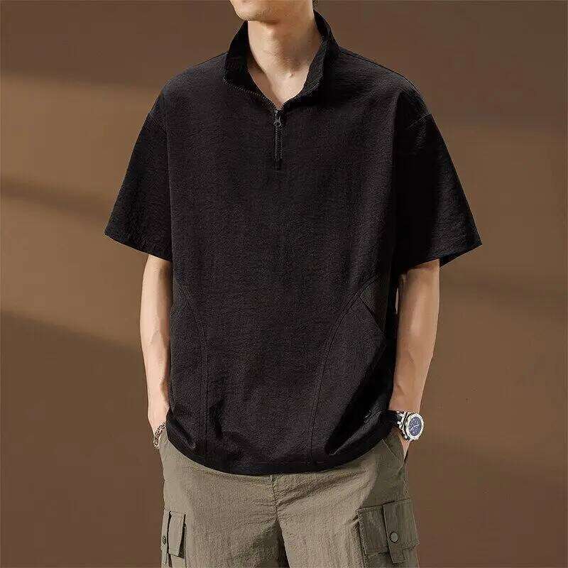Pocket Zipper Patchwork Street Casual Tops Men's Summer New Thin Short Sleeve Loose Vintage T Shirts Fashion Trend Men Clothing