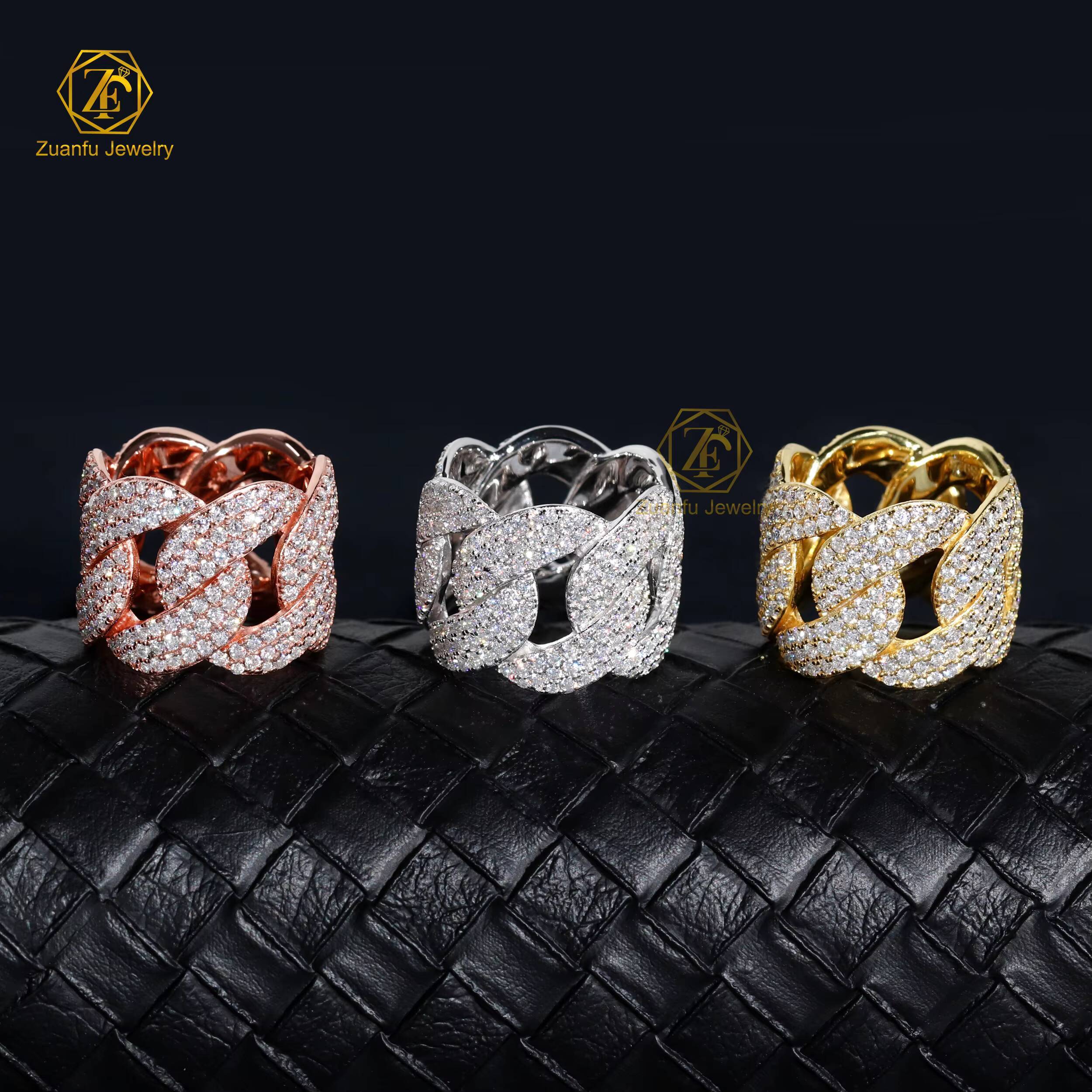 RTS 7mm 18mm Moissanite Diamond Cuban Link Ring 925 Sterling Silver VVS Gold Plated Ring Fine Jewelry for Men