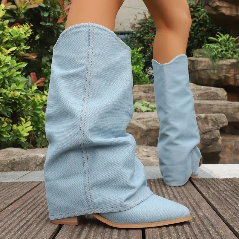 Trouser Heel Boots Women Pointed Toe Block Heel Vintage Versatile No Knee Western Denim Tall Knight Boots 250729