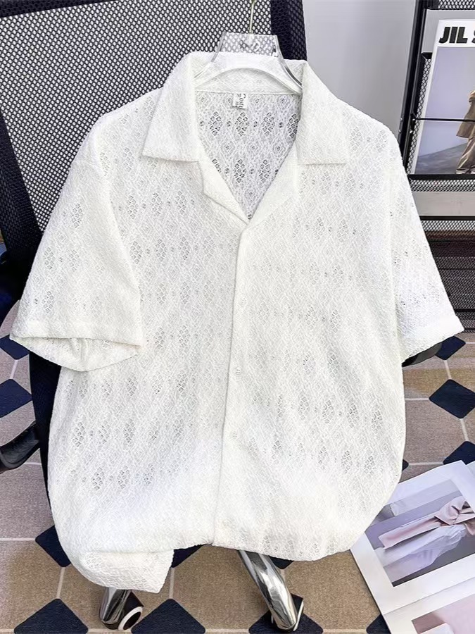 Thin breathable hollowed-out short-sleeved shirts for men and women, Korean advanced sense, Cuba collar five-point sleeve shirt, summer shirt