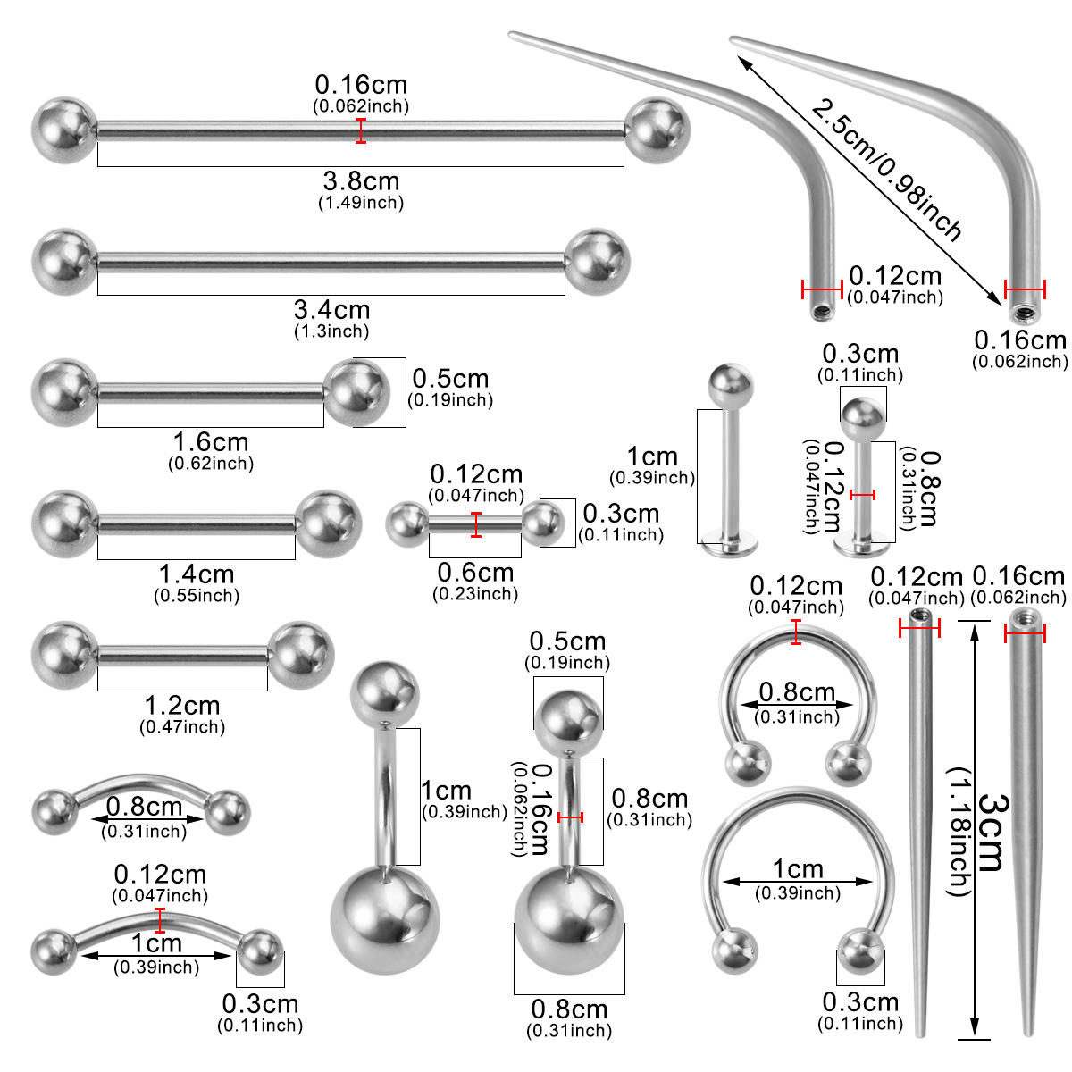 Straight curved guide rod 1mm internal tooth puncture set stainless steel connecting rod human puncture jewelry ear bone ring wholesale