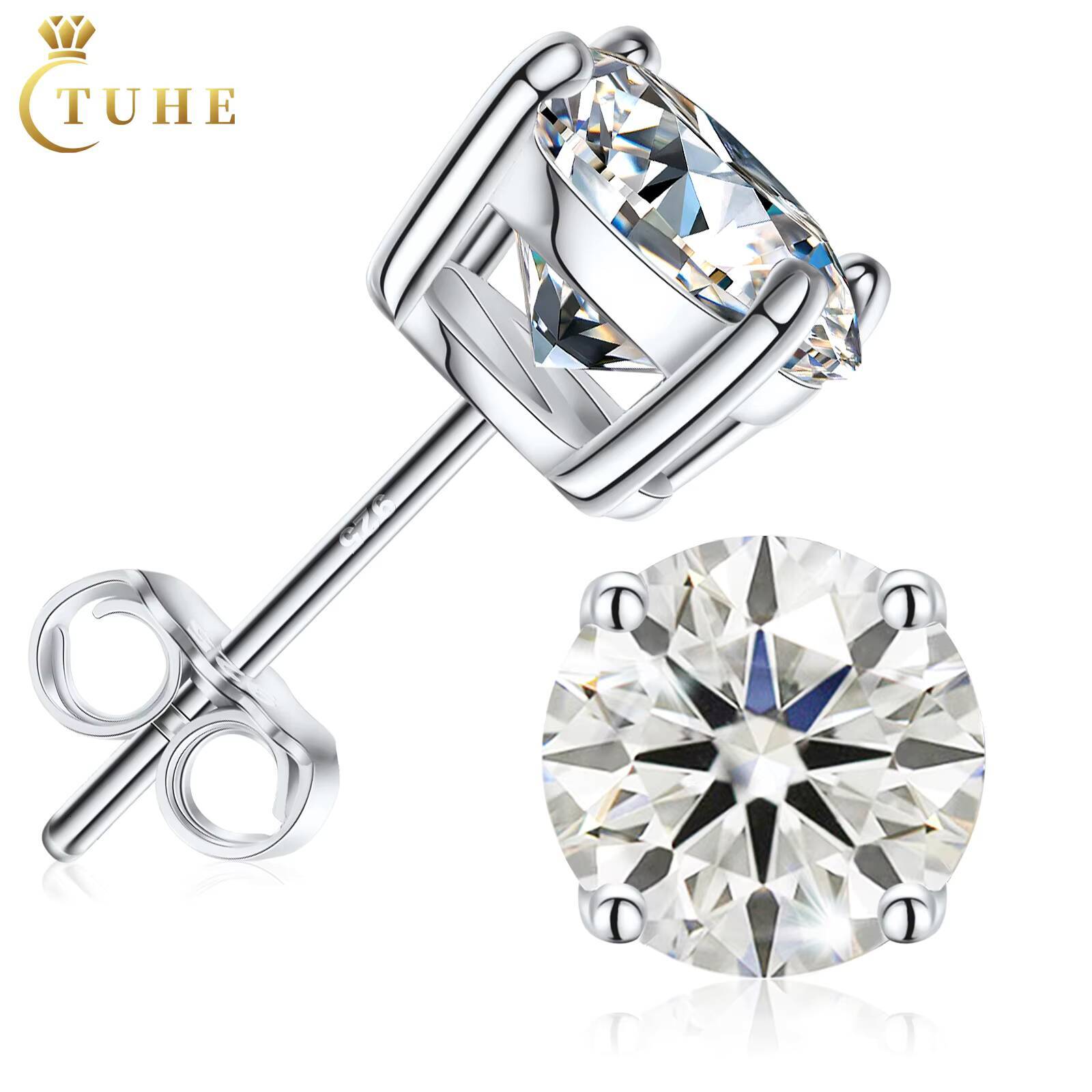 Push Back 0.1ct-4ct Classic 4 Prong Moissanite Stud Earrings White Gold 925 Sterling Silver VVS Mossanite Diamond Men Women