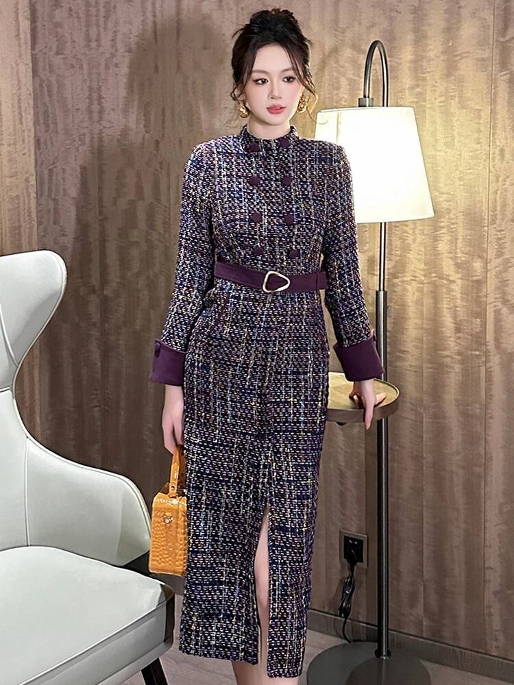 Women Clothes Tweed Plaid Formal Ocn Double Breasted Belt Slim Slit Midi Pencil Dress Elegant Vestidos Commute Casual New dongdumaoyi