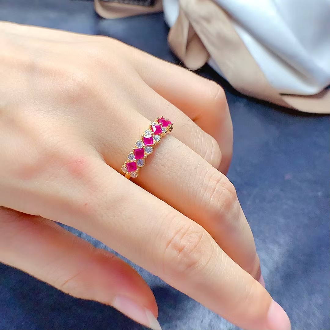 18K Gold Plated Real Ruby Ring 3mm total 0.8ct Natural Ruby 925 Silver Ring July Birthstone Gift for Women