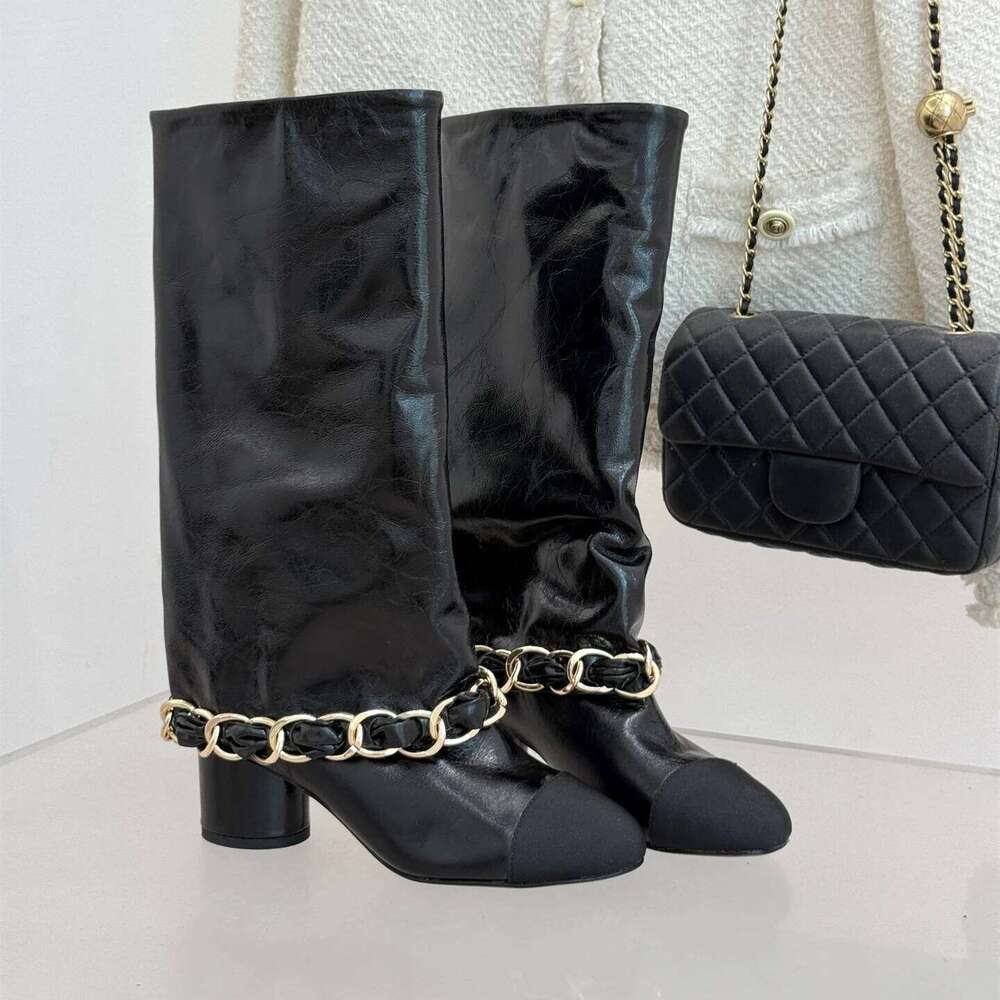 Women Size35-41 Genuine Leather High Heels Chain Knight Boots Round Toe Slip On Designer Shoes Zapatillas De Mujer e7b