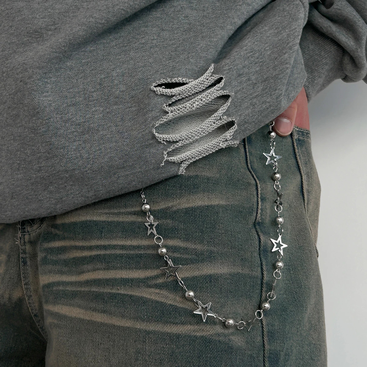 Salircon Punk Hip Hop Five-Pointed Star Jeans Chain Keychain Men Trendy Spider CCB Bead Pants Chain Decoration Jewelry 250729