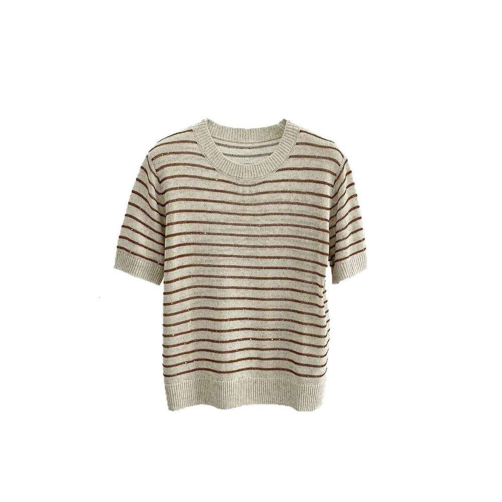 Designer Clothing 2025 Summer Striped Linen Cotton Blended Sweater Breathable And Comfortable Knitted T-Shirt Top For Women