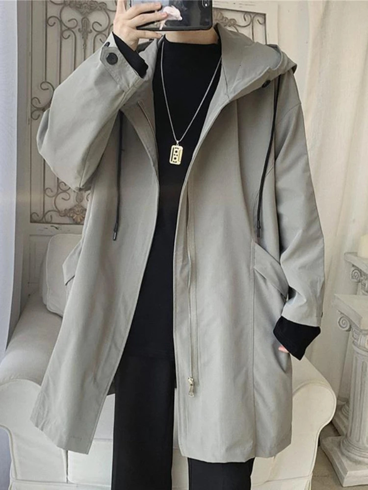 Windbreaker Mens Midlength Spring Autumn Trench Coat Hooded Jacket Korean Trend Handsome Preppy Cape Cloak Punk Streetwear 250729