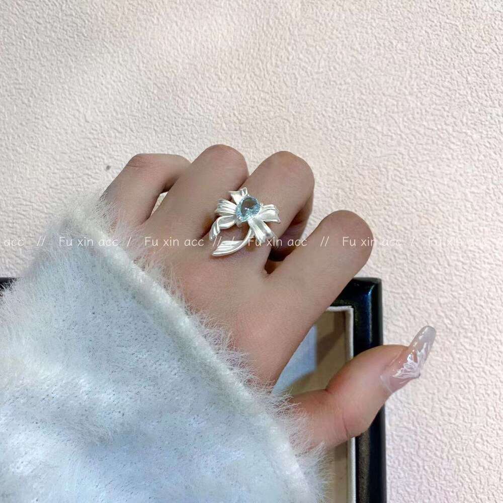 Light Blue Fashion Bowknot for Women Gentle Exquisite Versatile Open Ring Niche High-end Design Jewelry cc1